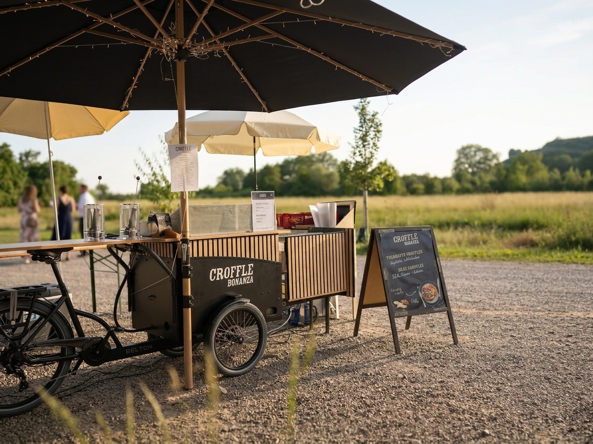 Das Croffle Bonanza Foodbike mit Sonnenschirm bei einem Empfang im Grünen