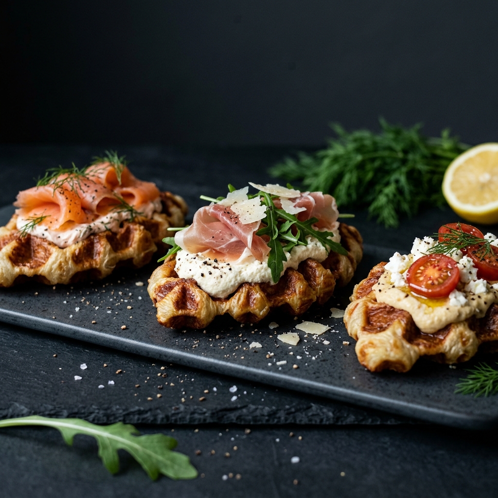 Drei herzhafte Croffles mit Lachs, Parmaschinken und Hummus für den Sektempfang