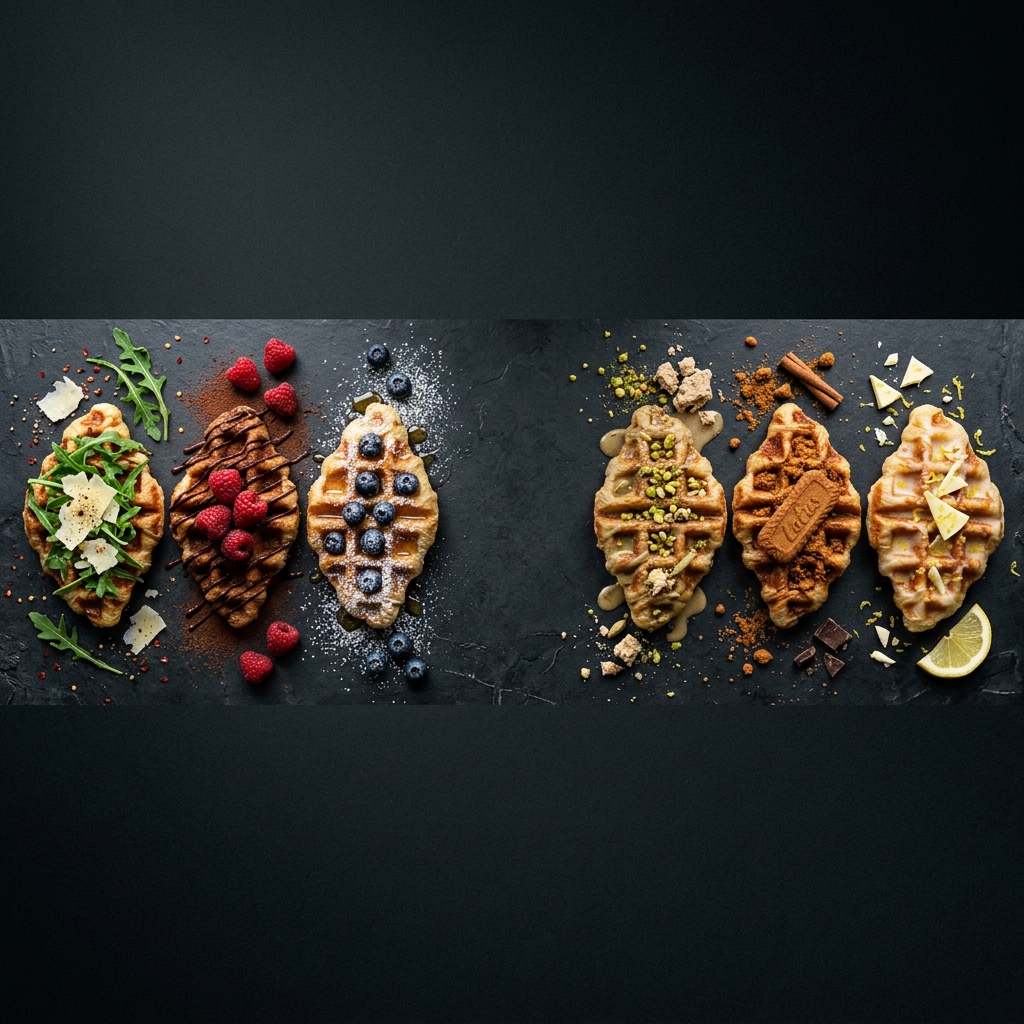 Sieben Croffles mit verschiedenen Toppings auf Schiefer